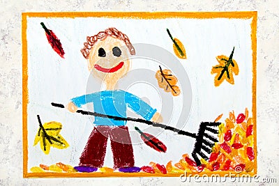 Drawing: A smiling boy is raking leaves Stock Photo