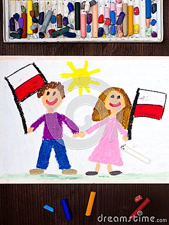 Drawing: Smiling children, boy and girl, waving Polish flags. Polish patriotism. Independence Day in Poland Stock Photo