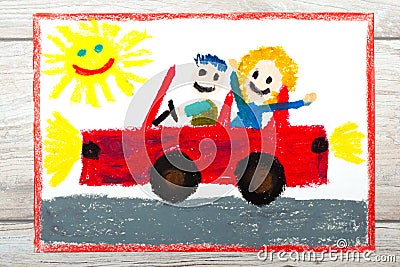 drawing: Smiling couple sitting on their cabriolet car. Car with a roof. Stock Photo