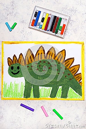 Drawing: Smiling dinosaur. Green weird stegosaurus Stock Photo