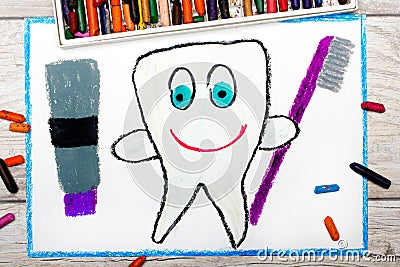 Drawing: smiling healthy tooth holding a toothpaste and a toothbrush Stock Photo