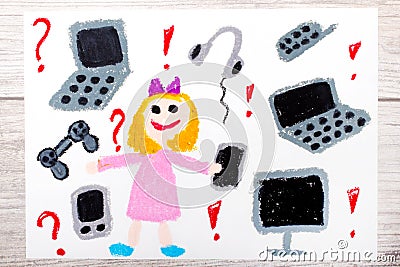 drawing: smiling little girl surrounded by electronic devices, phones, computers and tablets Stock Photo