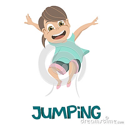 Drawing of smiling young girl in light blue shirt leaping into the air over JUMPING in dark blue text Vector Illustration