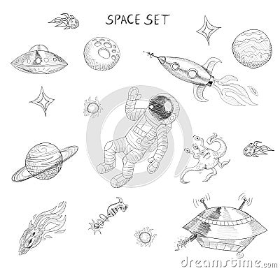 Drawing of space objects: astronaut, alien, ufo, spaceship, comet, planets and stars. Stock Photo