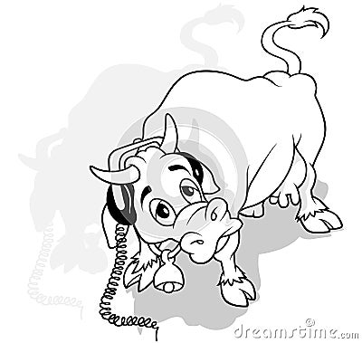 Drawing of a Spotted Cow with Headphones Listens to Music Vector Illustration