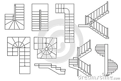 Drawing stairs, stairway. Top view and sectional view. Architectural set Vector Illustration