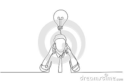 Drawing of stressed businessman contemplate think hard for ideas touch forehead with fingers. Single continuous line art Vector Illustration