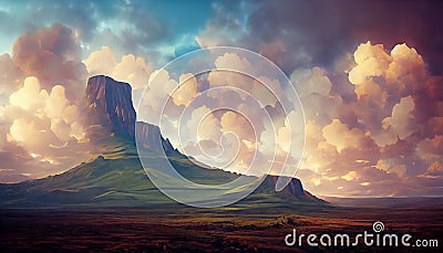 Drawing style Mount Roraima on the background of beautiful clouds. AI-generated Stock Photo