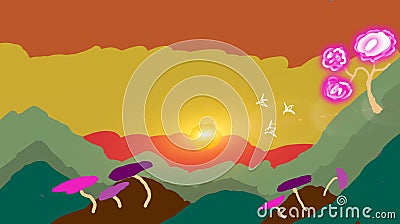 Drawing Of Sunrise View Mountain And Landscape Background, Colorful Mushroom, And Pink Tree Stock Photo