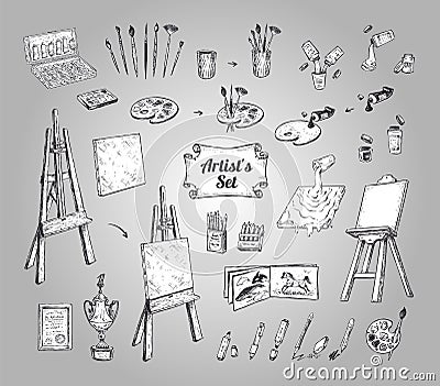 Drawing supplies or tools for artist. Vector set Vector Illustration