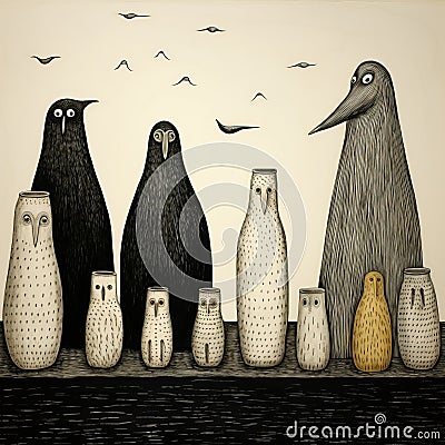 Surrealistic Ceramic Art: White Vases, Black Birds, And Edward Gorey Cartoon Illustration