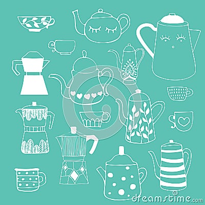 Drawing of tea and coffee pots. Winter drinks. Art can be used for a restaurant menu, coffee shop and cafe. Vector Illustration