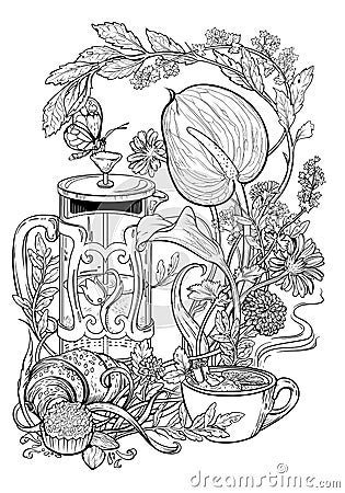 Drawing of tea, croissant, flowers and herbs. Vector Illustration