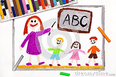 Drawing: teacher and students in the classroom. Teaching children the alphabet Stock Photo