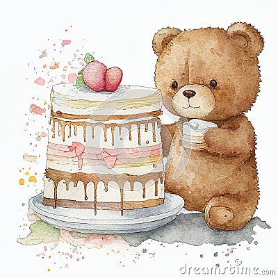 Drawing Teddy Bear Cake Tea Suitcase Watercolor Generative AI Stock Photo