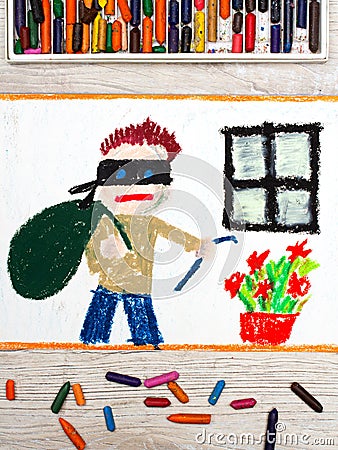 Drawing: Thief with mask and big bag, standing next to window. Home robbery. Stock Photo