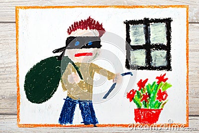 drawing: Thief with mask and big bag, standing next to window. Stock Photo