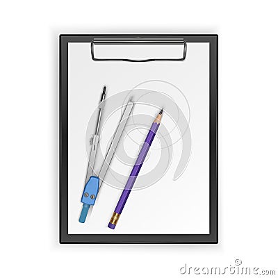 Drawing tool kit, compass, pencil on clipboard, drawing tools. Vector illustration Vector Illustration