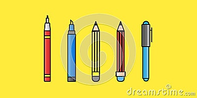 Drawing Tools, Pen, Pencils, Water Colour, Set of Symbol and Icon Vector Design Stock Photo