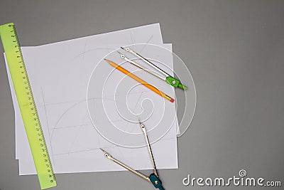 Drawing tools pencil, ruler, compass, white paper, copyspace Stock Photo