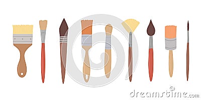 Drawing tools, set paint brushes in row on white isolated background. Artist painting materials. Vector Illustration