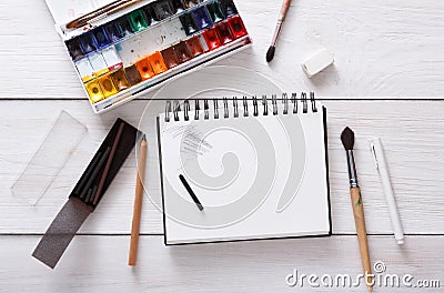 Drawing tools, stationary, workplace of artist Stock Photo