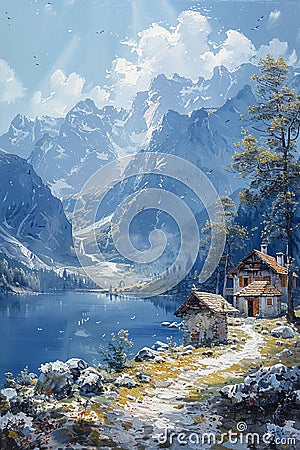 Drawing of a tranquil mountain retreat Stock Photo