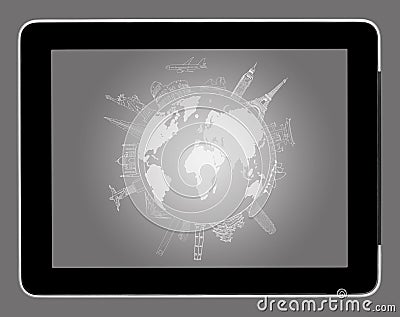 drawing travel around the world on tablet pc Stock Photo