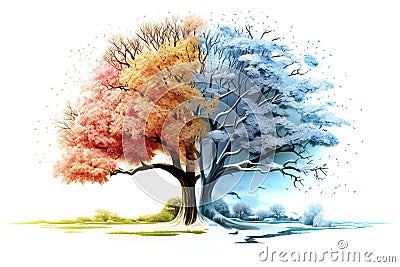 drawing of a tree in winter and summer. change of seasons isolated on white background. Generated by AI Stock Photo