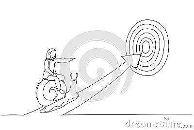 Drawing of tried businesswoman riding snail slow walking on arrow to reach target. Metaphor for slow business progress, laziness Vector Illustration