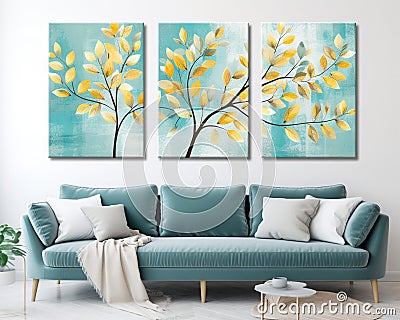 Drawing turquoise golden blue and yellow tree leaves feathers in a light background canvas wall art. Cartoon Illustration