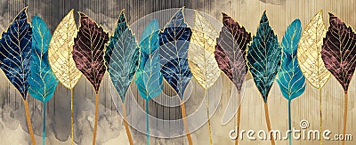 Drawing turquoise, golden, blue and yellow tree leaves feathers in light background. 3d canvas wall art for wall decor Stock Photo