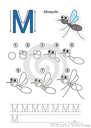 Drawing tutorial. Game for letter M. Cute Mosquito. Vector Illustration