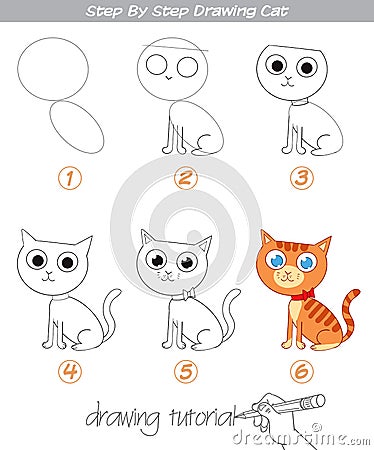 Drawing tutorial. Step by step drawing Cat Vector Illustration