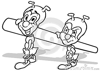 Drawing of an Two Ants Carrying Part of a Stem Vector Illustration