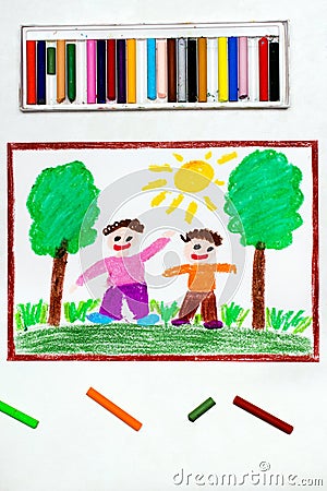 Drawing: Two smiling boys are walking in the woods Stock Photo