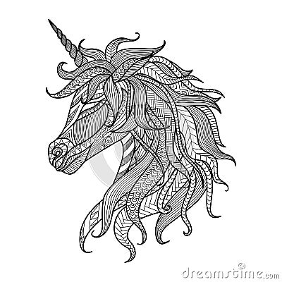 Drawing unicorn zentangle style for coloring book, tattoo, shirt design, logo, sign Vector Illustration