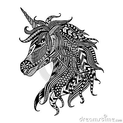 Drawing unicorn zentangle style for coloring book, tattoo, shirt design, logo, sign Vector Illustration