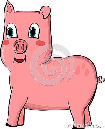 Drawing/vector of a cute pink pig with sweet eyes and happy smile. Vector Illustration