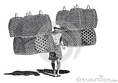 Drawing vendor chicken baskets Stock Photo