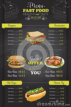 Drawing vertical color fast food menu design Vector Illustration