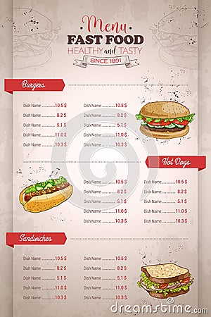 Drawing vertical color fast food menu design Vector Illustration