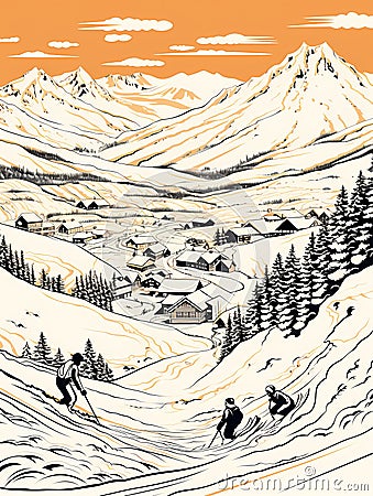 A Drawing Of A Village In The Mountains, Verbier Switzerland Stock Photo