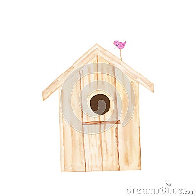 Drawing of a watercolor birdhouse. Wooden spring house with a cute outbuilding in the shape of a bird. For designing Stock Photo