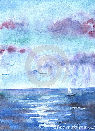 Drawing watercolor with the image of the sea, ship, clouds, birds. For design of backgrounds, cards, prints, covers, packages, Stock Photo