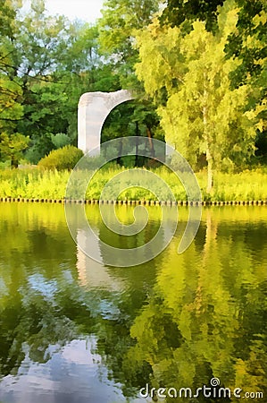 Drawing watercolor. Watercolor parkland landscape. Park area on the lake with old ruins. Digital painting-illustration Cartoon Illustration