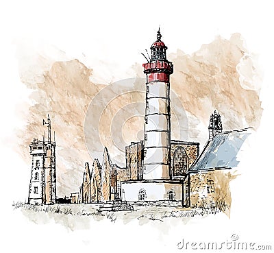 Drawing and watercolor of Saint Mathieu lighthouse and old abbey ruins in Brittany, France Vector Illustration
