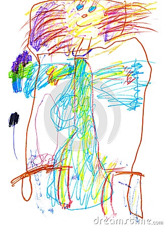 Drawing of a young artist. happy to eat a girl goes to bed, pencils and markers Stock Photo