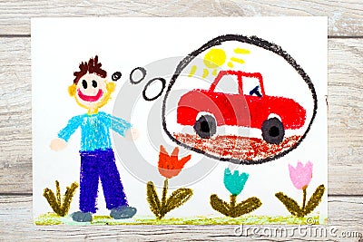 drawing: young man dreaming about new red car Stock Photo