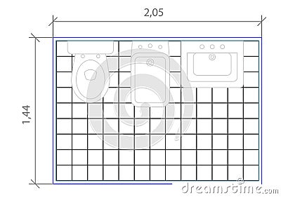 Drawings of AutoCAD blocks representing bathrooms Stock Photo